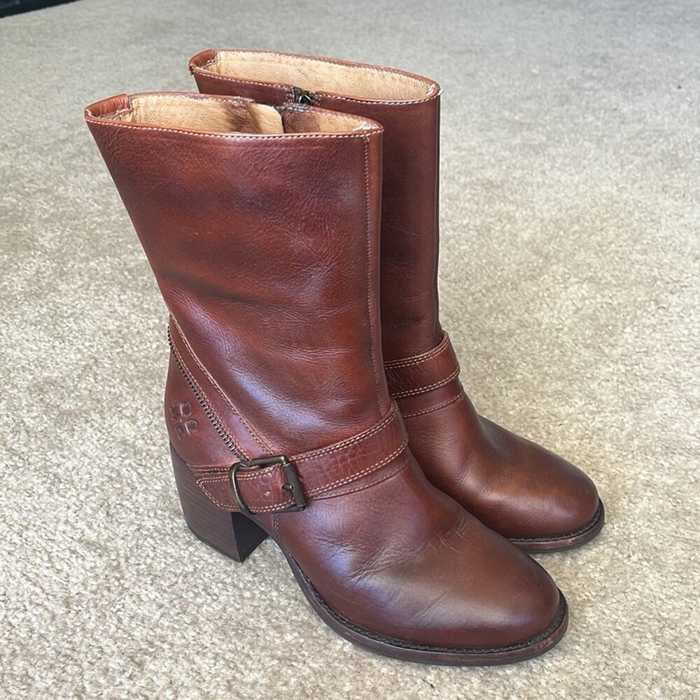 Patricia Nash Lombardy Brown Leather Buckle Chunky Heel Mid Western Cowgirl Boot